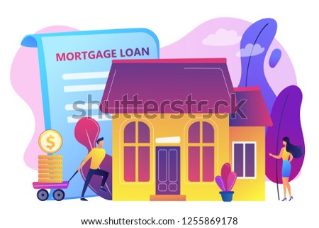Borrower making mortgage payment for real estate and mortgage loan agreement. Mortgage loan, home bank credit, real estate services concept. Bright vibrant violet vector isolated illustration