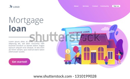 Borrower making mortgage payment for real estate and mortgage loan agreement. Mortgage loan, home bank credit, real estate services concept. Website vibrant violet landing web page template.