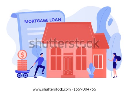 Borrower making mortgage payment for real estate and mortgage loan agreement. Mortgage loan, home bank credit, real estate services concept. Pinkish coral bluevector isolated illustration