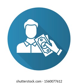 Borrowing cash blue flat design long shadow glyph icon. Lending money. Pay for credit, loan. Man taking dollar banknotes. Managing finances and personal budget account. Vector silhouette illustration