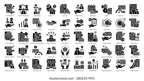 Borrowing icon collection set. Loan Agreement,Peer to Peer Lending,Microfinance ,Home Loan icon. Simple glyph vector.