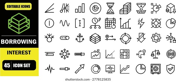 Borrowing Interest Line Editable Icons Set – Loan Percentage Rates, Crypto Lending Costs, Interest Accrual, DeFi Borrowing Fees, Financial Time Calculation and Digital Credit Management Symbols in Modern Thin Line Style Vector Illustration Collection for UI UX, Web, App and Fintech Dashboard Design