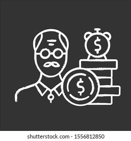 Borrowing from retirement chalk icon. Make investment in pension budget. Loan money, open credit account. Old aged man borrowing money from bank. Isolated vector chalkboard illustration