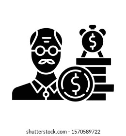 Borrowing from retirement glyph icon. Make investment in pension budget. Loan money, open credit account. Old aged man borrowing money. Silhouette symbol. Negative space. Vector isolated illustration