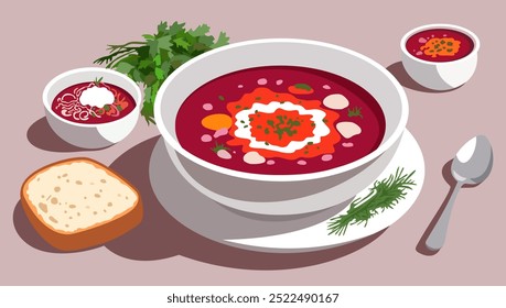 Borsch. Sopa de remolacha con nata agria. Ilustración vectorial.