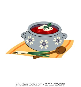 Borsch or beetroot soup. Vector traditional Ukrainian or Slavic red vegetable broth with beet, cabbage, potato, carrot, onion. Eastern European meal or dish. Cooked food in bowl. Family dinner icon.