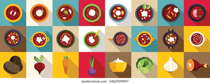 Borsch flat vector icons. A collection of food items in various shapes and sizes, including carrots, broccoli, and potatoes. Concept of abundance and variety