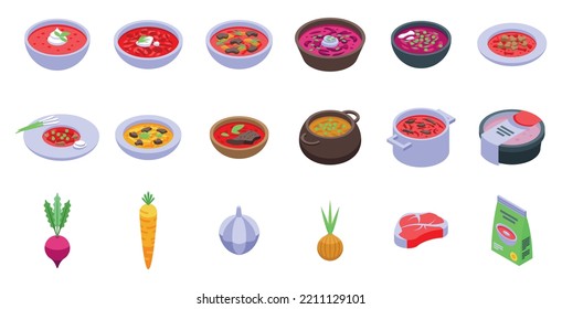 Borsch icons set isometric vector. Beet food. Cook bacon