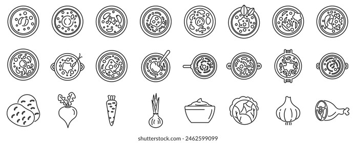 Iconos vectoriales de contorno de Borsch. Una colección de alimentos en varias Formas y tamaños