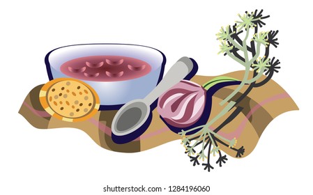 Borsch in a plate served with a piece of bread, onion and dill. To illustrate the menu, the serving example