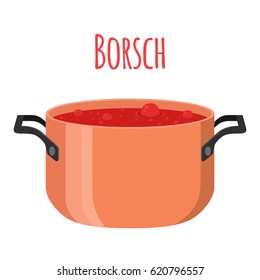 Borsch pot - red ukranian soup with beet, tomato, meat, beetroot, potato. Borscht in cartoon flat style.