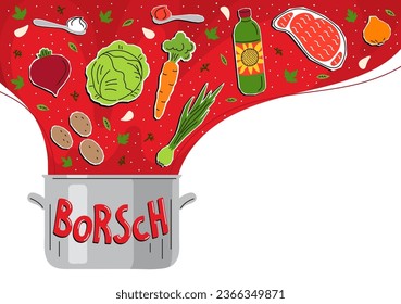 Borsch in pot. Ukrainian cuisine. Borscht recipe. Soup from the following ingredients:  beetroot, cabbage, meat, onion, potato, carrot, bay leaves, sunflower oil, tomato paste, dill, parsley.