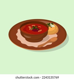 Borsch or red soup with fresh bread, garlic and parsley. Cartoon vector illustration.