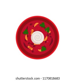 Borsch traditional dish in bowl served with sour creme. Food made of vegetables and meat. Carrot and beetroots natural ingredients vector illustration