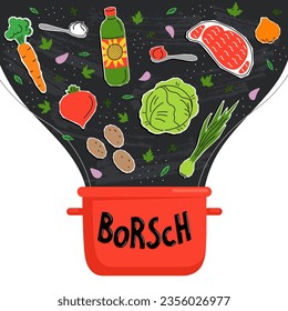 Borsch. Traditional Ukrainian dish. Borscht recipe. Soup from the following ingredients:  beetroot, cabbage, meat, onion, potato, carrot, bay leaves, sunflower oil, tomato paste, dill, parsley.