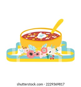 Borsch. Ukrainian national cuisine. The symbol of Ukraine is decorated with flowers and a flag. Vector illustration in simple hand drawn style. Isolate on a white background in pastel colors