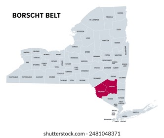 Borscht Belt, or Yiddish Alps, political map. A colloquial term for the mostly defunct summer resorts of the Catskill Mountains and parts of Sullivan and Ulster counties in the U.S. state of New York.