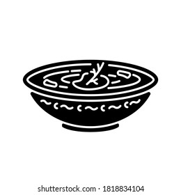 Borscht black glyph icon. Ukrainian national food. Traditional russian recipe. Cream soup with seasoning in pot for lunch. Silhouette symbol on white space. Vector isolated illustration