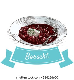 Borscht colorful illustration. Vector illustration of Russian cuisine.