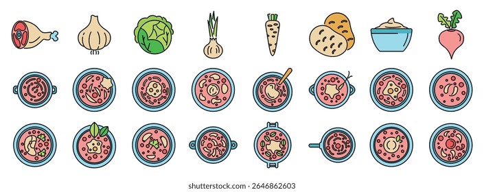 Borscht cooking process with ingredients like meat, cabbage, potatoes, carrots, beets, garlic, onion and sour cream, shown in various stages of preparation