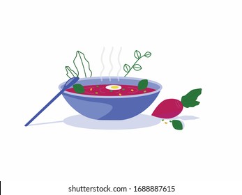 Borsch. Sopa vegetariana caliente de remolacha con huevo y hierbas en un tazón azul. Platos tradicionales rusos.