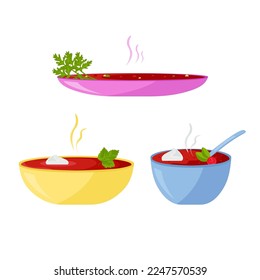 Borscht in a plate with herbs and sour cream. National dish. Vector set in the flat style.