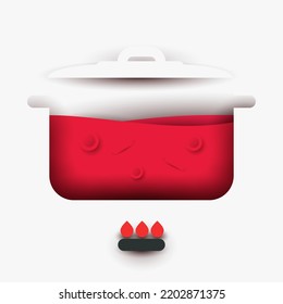 Borscht in pot. Traditional ukrainian food. Creative minimalistic composition in 3d layered paper cut style. Modern concept art design. Cartoon vector illustration.