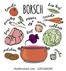 BORSCHT RECIPE Russian Cuisine Soup Vector Illustration Set