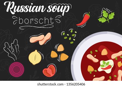 Borscht recipe. Russian soup. Cooking soup with ingredients. Flat style illustration. Vector illustration.
