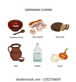Borscht, salo, rye bread, milk, Horilka, onion - vector icons. A set of clipart Ukrainian traditional cuisine