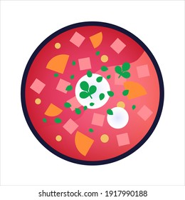 Borscht - sopa eslava de remolacha con crema agria. Ilustración vectorial aislada sobre fondo blanco. Cocina tradicional rusa. Auténticos platos de comida rusa