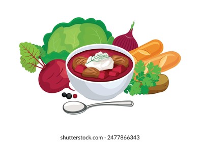 Sopa de borscht con Ilustración vectorial de remolacha. Tazón de Borscht icono de sopa conjunto de Vector aislado sobre un fondo blanco. Sopa de borscht, col, carne de res, hierbas, crema agria y dibujo de baguette