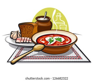 borscht soup and lard with garlic