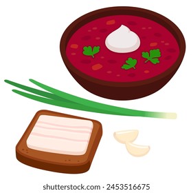 Borscht, traditional Ukrainian beet soup, with slice of rye bread and salo (cured pork fat). Cartoon vector clip art illustration.