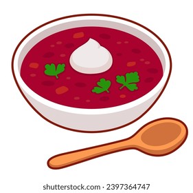 Borscht, traditional Ukrainian and Russian beet soup. Cartoon vector clip art illustration.