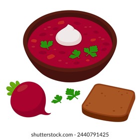 Borscht, traditional Ukrainian and Russian beet soup, with beetroot and slice of rye bread. Cartoon vector clip art illustration.