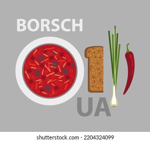 Borscht vector illustration. Ukrainian sour soup with red beetroot, bread, onion, pepper.