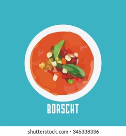 borscht in a white plate. Vector illustration