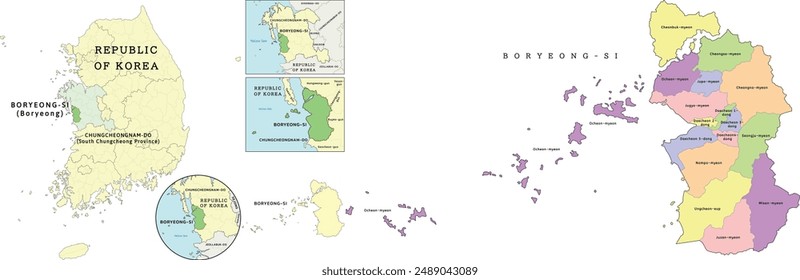 Boryeong-si (Boryeong) location on Chungcheongnam-do (South Chungcheong Province) and Republic of Korea (South Korea) map. Colored. Vectored