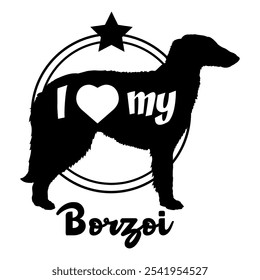 Borzoi perro silueta, me encanta mi perro, perro, razas de perro, logotipo, Vector, silueta, animal, ilustración, icono, signo, negro, mascota,