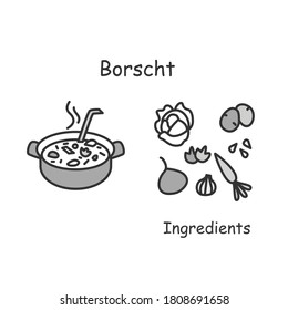 Icono Bosch. Cocina rusa y ucraniana Sopa de carne y verduras o pictograma lineal de estofado. Concepto de ingredientes de recetas tradicionales y recetas de cocina casera. Ilustración vectorial de trazo editable