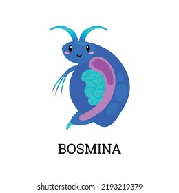 Bosmina zooplankton cartoon character flat style, vector illustration isolated on white background. Cute smiling organism, creature, element for kids design