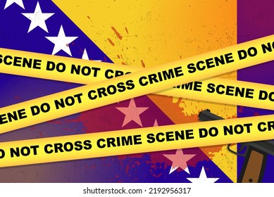 Bosnien-bewaffneter Angriff, Vektorbanner, Erschießen des Nachrichtenkonzepts, bewaffneter Angriff mit Gewehr- und Blutfleck auf der Flagge von Bosnien und Herzegowina, gelbe Polizei-Band, Zusammensetzung der Kriminalszene, Draufsicht, flaches Design