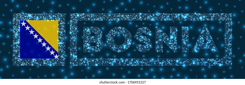 Bosnia badge. Flag of Bosnia in glowing network geometric style. Attractive vector illustration.