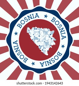 Bosnia Badge. Round logo of country with triangular mesh map and radial rays. EPS10 Vector.