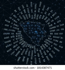 Bosnia digital map. Binary rays radiating around glowing country. Internet connections and data exchange design. Vector illutration.