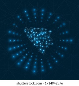 Bosnia digital map with glowing rays radiating from the country. Network connections and telecommunication design. Vector illustration.