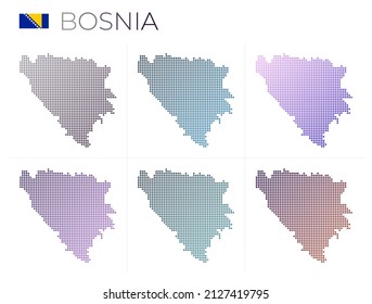 Bosnia dotted map set. Map of Bosnia in dotted style. Borders of the country filled with beautiful smooth gradient circles. Modern vector illustration.