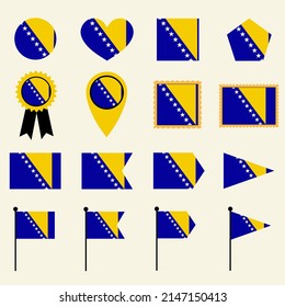 Bosnia flag icon set in 16 shape versions. Collection of Bosnia flag icons with square, circle, heart, triangle, medal, stamp and location shapes.