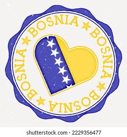 Bosnia heart flag logo. Country name text around Bosnia flag in a shape of heart. Neat vector illustration.